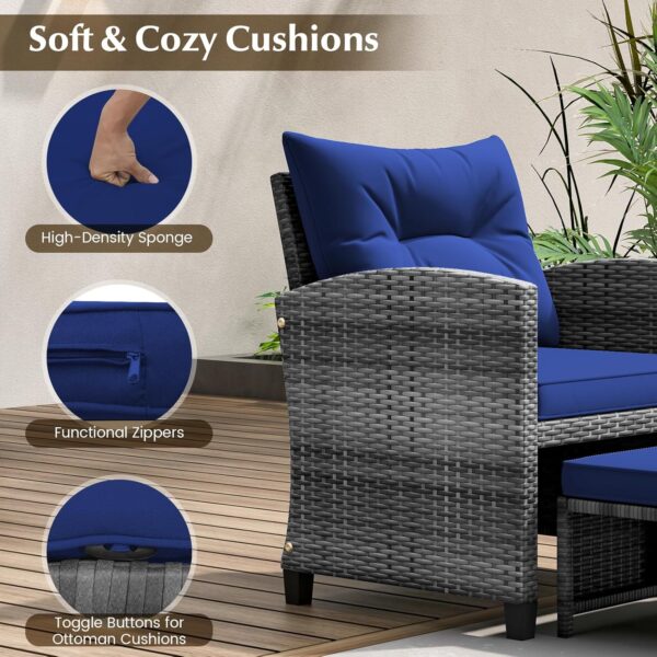 Tangkula 5 Piece Patio Rattan Furniture, Wicker Cushioned Chairs Set w/ 2 Ottomans & Tempered Glass Coffee Table, for Poolside, Backyard, Lawn, Deck (Mix Gray+Navy) - Image 5