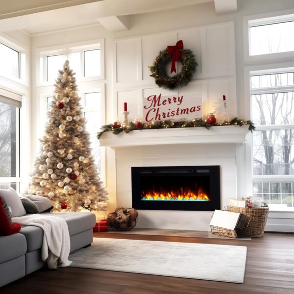 PuraFlame Alice 40 Inches Recessed Electric Fireplace, Flush Mounted for 2 X 6 Stud, Log Set & Crystal, 1500W Heater, Black - Image 7