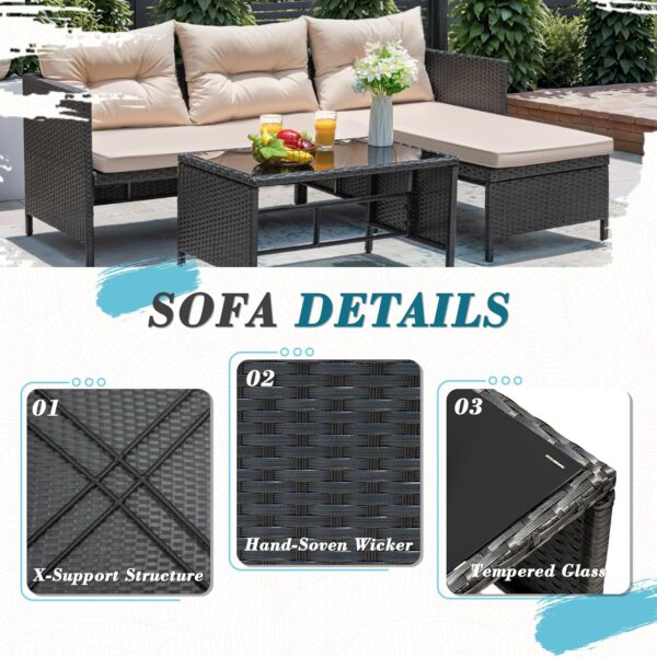 Greesum 3 Piece Patio Furniture Set Outdoor Wicker Rattan Sectional Sofa with Cushions & Coffee Table for Yard, Garden, Porch, Poolside, Beige - Image 5