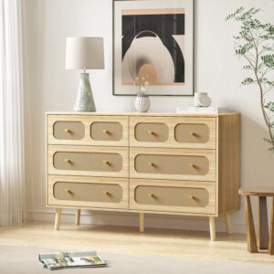 Rattan Dresser for Bedroom, Modern 6 Drawer Double Dresser with Gold Handles, Natural Wood Storage Dressers & Chests of Drawers, 6 Drawer Dressers