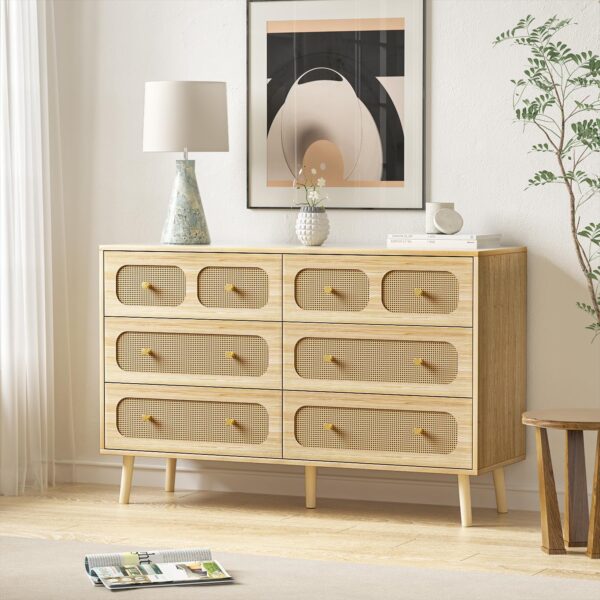 Rattan Dresser for Bedroom, Modern 6 Drawer Double Dresser with Gold Handles, Natural Wood Storage Dressers & Chests of Drawers, 6 Drawer Dressers