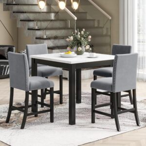 Merax Dining Table Set for 4, Counter Height Dining Table Set with Faux Marble Dining Table and 4 Upholstered-Seat Chairs, 5 Piece Dining Room Table Set for Kitchen and Living Room Furniture, Gray