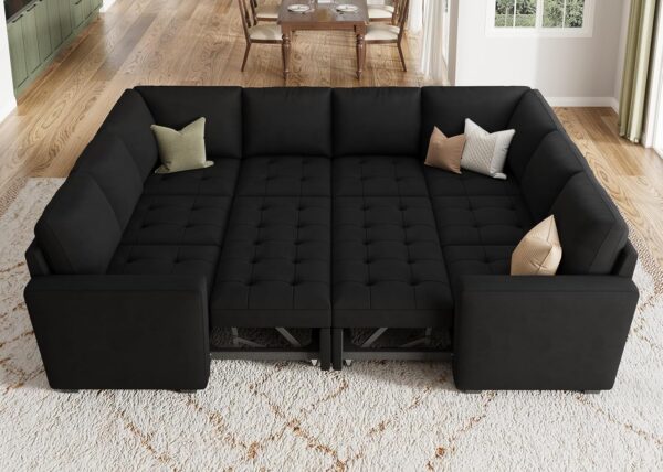 HONBAY Modular Sectional Sleeper Sofa with Pull Out Bed, Velvet Convertible U Shaped Sectional Couch with Storage Seat, Sectional Couches for Living Room, Balck