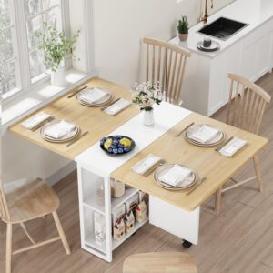 Folding Dining Table with 2 Tier Storage, Extendable Kitchen Table, Drop Leaf Table, Rectangle Dining Room Tables Set for 4, Space Saving Collapsible Expandable Dinner Kitchen Office Furniture