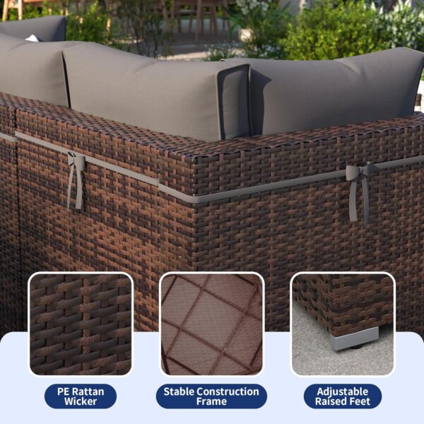 Patio Furniture Set, 7-Piece Outdoor Sectional with Waterproof Cover, All-Weather Wicker Patio Conversation Sets for Backyard (Brown with Grey Cushion) - Image 4