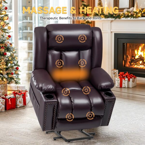 Large Power Lift Chairs Recliners for Elderly with Heated and Massage, Overstuffed Adjustable Lift Chairs, 3 Positions, Breathable Leather, USB-A and USB-C, Cup Holder, Side Pocket, Dark Brown - Image 6