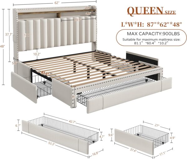 EnHomee Queen Bed Frame with Headboard and 3 Large Drawers, Upholstered Platform Bed Frame Queen Size with Storage, Queen Size Bed Frame with Headboard, Sturdy, No Box Spring Needed, No-Noise, Beige - Image 2