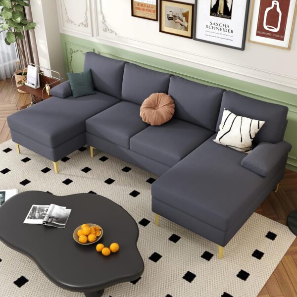 Modular Sectional Sofa Couch for Living Room, U Shaped Convertible Lounge Sofa with Loveseat & Double Chaise, 4 Seater Comfy Fabric Couch Set for Home Office (Gray) - Image 4