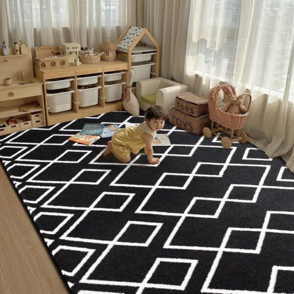Geometric Modern Area Rug for Bedroom, 6x9 Feet Black Shag Rug for Living Room, Fluffy Moroccan Rug with Memory Foam Carpet Dorm Room Decor for Home Bedside Girls Kids Nursery Play Mat - Image 3