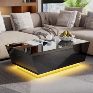 Cozy Castle 41" Black Modern Coffee Table with 12-Color LED Lights,High Gloss Contemporary Center Table with 2 Storage Drawers for Living Room,Dining Room,Office