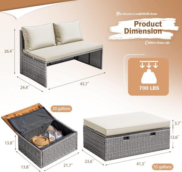 Devoko Outdoor Daybed Set Multifunctional Patio Day Bed Rattan Lounge Bed with 2 Side Tables for Backyard Porch Poolside Lawn Beach (Beige White) - Image 5
