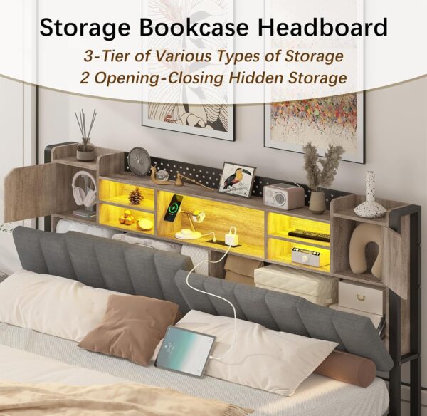 King Size Bed Frame and Bookcase Storage Headboard, LED Upholstered Bed Frame King with Charging Station, Light up King Size Platform Metal Bed Frame, No Box Spring Needed, Charcoal Gray - Image 4