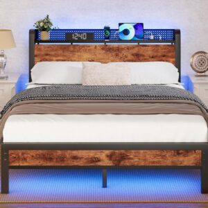 Furnulem Full Bed Frame with LED Lights,Industrial Storage Headboard with Charging Station,USB Port,Under Bed Storage,Wood Platform with Strong Metal Support,No Box Spring Needed, Silent