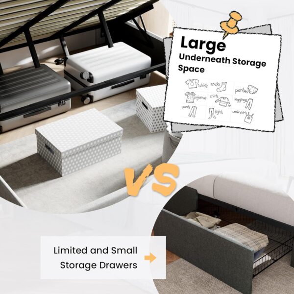 SHA CERLIN King Size Lift Up Storage Bed/Modern Wingback Headboard/Upholstered Platform Bed Frame/Hydraulic Storage/No Box Spring Needed/Wood Slats Support/Light Beige - Image 4