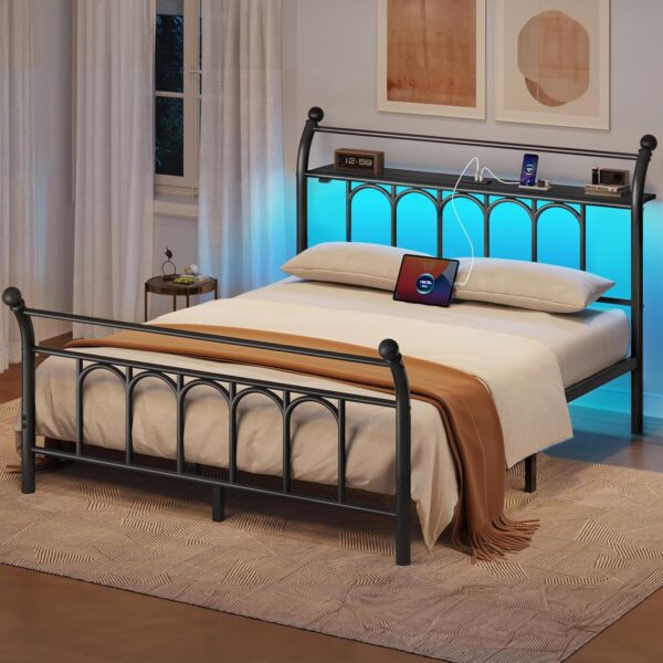 Rolanstar Full Bed Frame with USB Charging Station, LED Bed Frame with Storage Headboard, 14 Inch Black Metal Platform Bed with Sleigh Headboard and Footboard, No Box Spring Needed, Noise Free