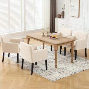 Upholstered Dining Chairs Set of 4 Linen Kitchen & Dining Room Chairs with Cushion Farmhouse Armchair with Wood Legs for Dining Room, Living Room, Reception(Linen Beige，Black Legs)
