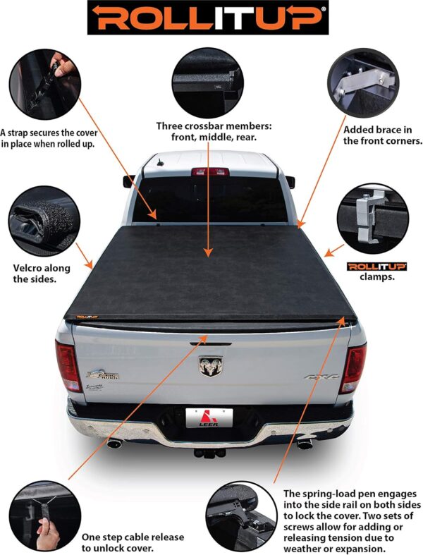LEER ROLLITUP | Fits 2019-2023 Ram 1500 - New Body Style - with 5.7' Bed | Soft Roll Up Truck Bed Tonneau Cover | 4R298 | Low-Profile, Sturdy, Easy 15-Minute Install (Black) - Image 3