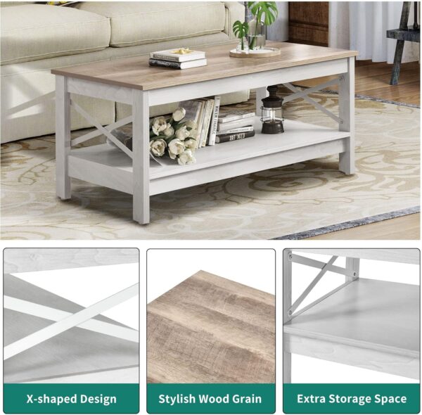 YITAHOME Coffee Table for Living Room,Modern Farmhouse Coffee Table with Storage,2-Tier Center Table for Living Room Wood Living Room Table Accent Cocktail with Sturdy Frame,Grey Wash - Image 7