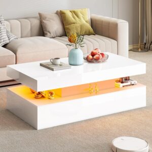 AMERLIFE High Gloss LED Coffee Table, Modern 2-Tier Center Table with LED Lights, Open Storage Space, 40in Simple Rectangular Sofa Side Table for Living Room, Black
