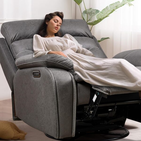 Power Swivel Nursery Glider Recliner Chair, Electric Rocking Sofa with Adjustable Headrest & Soft Cushions, Ultimate Comfort Living Room Bedroom Rocker Armchairs, Built-in USB, Light Gray - Image 5