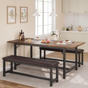IDEALHOUSE 3 Piece Dining Table Set for 4-6, 63" Extendable Kitchen Table and Bench Set for 6, Metal Frame Rectangle Kitchen Table Set with 2 Upholstered Benches for Dining Room, Apartment, Retro Gray