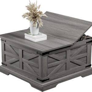Farmhouse Coffee Table with Storage, Square Center Table for Living Room, Rustic, Hinged Lift Top Soft Close, Wood, Large Hidden Storage, Modern, Metal Corner, Grey