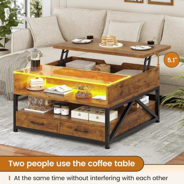 Itaar 31.5" Lift Top Coffee Table, Square Coffee Tables for Living Room, LED Coffee Table with Large Hidden Storage Compartment and Open Shelves, Rustic Brown - Image 4