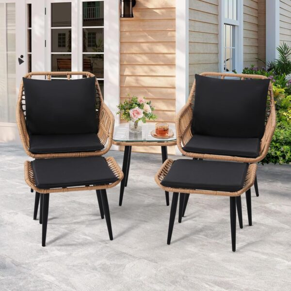Outdoor Wicker Chairs and Table Bistro Conversation Furniture Set, 5 Pieces with Ottoman for Porch, Balcony, Deck, Patio, Backyard, Natural Color - Image 2