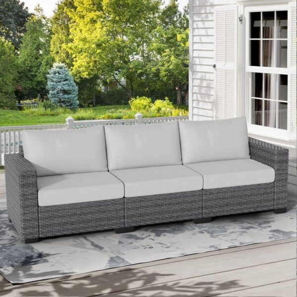 Wicker Patio Sofa, 3 Seats Extra Large Outdoor Couch with Comfortable 4.72'' Thick Cushions,Deep Seat Patio Sofas Set for Porch, Deck, Backyard, Sunroom, Garden, Beige