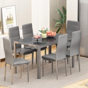 Recaceik, 7 Piece Kitchen 6 Person, Tempered Glass Table and PU Leather Chairs Modern Dining Room Sets for Small Space, Grey