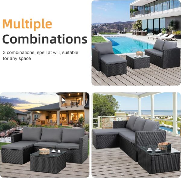 Shintenchi Outdoor Patio Furniture Sets, Small Outdoor Sofa Patio Sectional Sets 3-Piece All Weather Wicker Rattan Patio Seating Sofas with Glass Coffee Table and Cushion (Grey) - Image 7