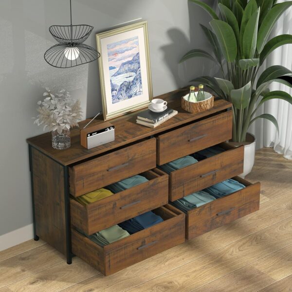 IKENO 6 Drawer Double Dresser, Industrial Wood Dresser for Bedroom, Storage Cabinet with Sturdy Steel Frame - Image 5
