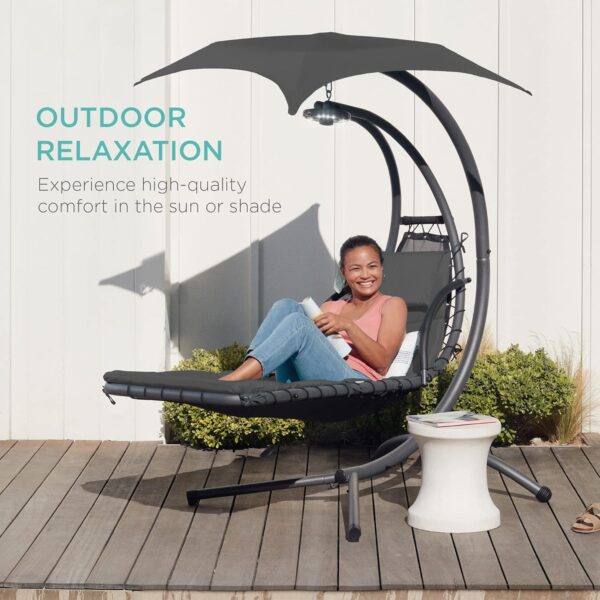 Best Choice Products Outdoor Hanging Curved Steel Chaise Lounge Chair Swing w/Built-in Pillow and Removable Canopy - Charcoal Gray - Image 7