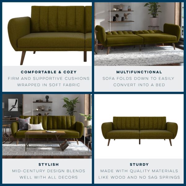 Novogratz Brittany Sofa Futon, Premium Linen Upholstery and Wooden Legs, Green Linen - Image 4