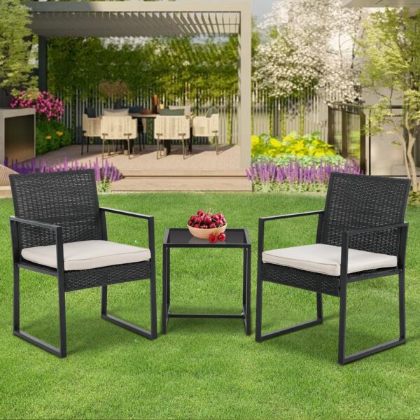 PayLessHere 3-Piece Rattan Wicker Bistro Set Outdoor Conversation Set Sturdy Frame Wicker Furniture with 2 Chairs Cushions Tempered Glass Table for Poolside Balcony Patio Bar Garden (Khaki) - Image 2