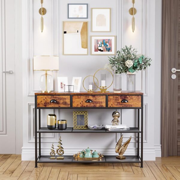 Furologee Entryway Table, 38'' Console Sofa Table with 3 Fabric Drawers, Industrial Entry Way Table with Storage Shelves, Display Shelf for Living Room, Hallway, Entrance, Foyer, Rustic Brown - Image 2