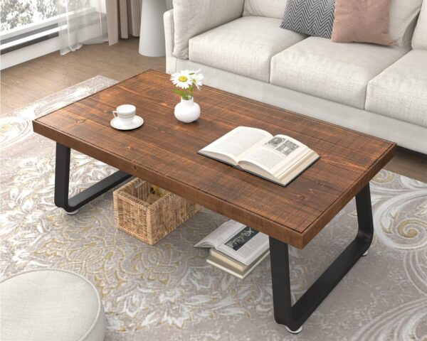 IBF Natural Wood Coffee Table, Rustic Solid Real Wood Center Table for Living Room, Rectangle Metal Modern Industrial Minimalist Wooden Cocktail/Tea Table, Rustic Brown, 47 Inch