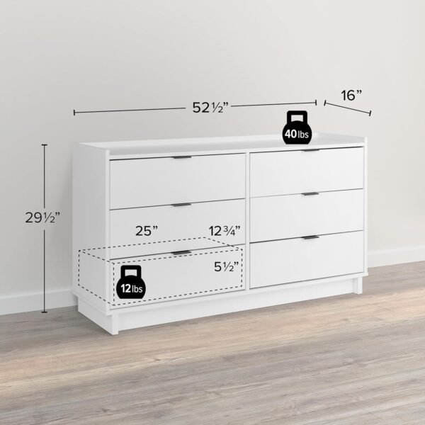 Prepac Simply Modern 6-Drawer Double Dresser for Bedroom, Chest of Drawers, Modern Bedroom Furniture, 52.5” wide x 16” deep x 29.5” tall, White - Image 3