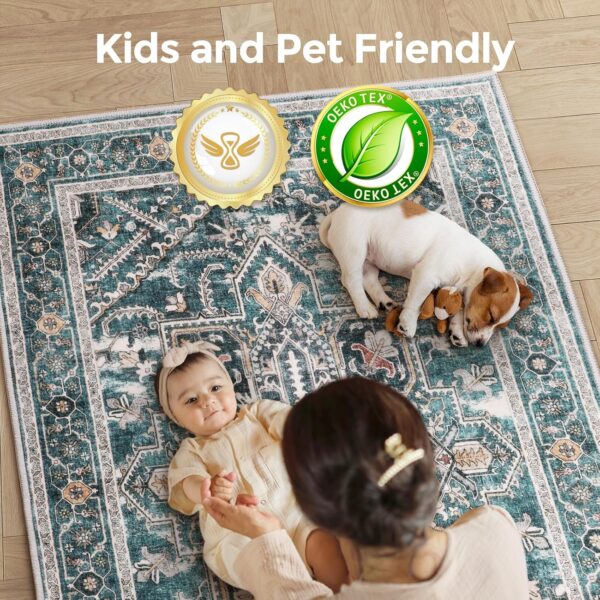 Boho Area Rugs Machine Washable for Living Room Bedroom, Large 5x7 Vintage Non-Slip Stain Resistant Floor Carpet Indoor for Kitchen Dining Room Office Home Decor, Dull Teal - Image 5