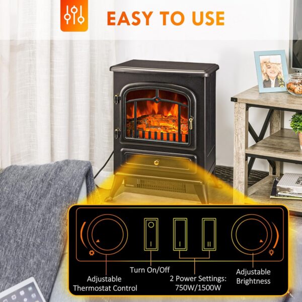 HOMCOM 22" Electric Fireplace Heater, Freestanding Fire Place Stove with Realistic LED Flames and Logs, and Overheating Protection, 750W/1500W, Black - Image 4