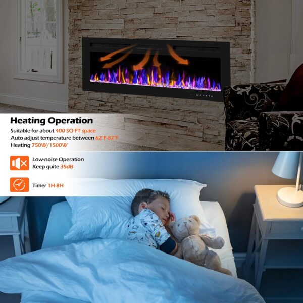 50" Electric Fireplace Wall Mounted and Recessed with Remote Control, 750/1500W Ultra-Thin Wall Fireplace Heater W/Timer Adjustable Flame Color and Brightness, Log Set & Crystal Options - Image 5