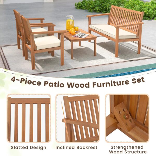 Tangkula 4 Piece Patio Wood Furniture Set, Acacia Wood Sofa Set w/Loveseat, 2 Chairs & Coffee Table, Soft Seat Cushions, Outdoor Wood Furniture Set for Porch, Yard, Balcony (Off White) - Image 6