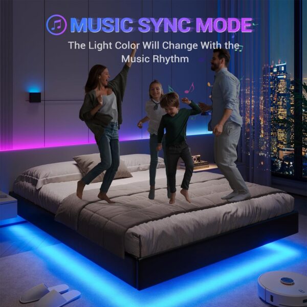 DICTAC Floating Queen Bed Frame with LED Lights Modern Upholstered Platform Bed Frame Queen Size no Headboard Faux Leather Queen Led Visual Floating Bed,No Box Spring Needed, Easy to Assemble,Black - Image 5