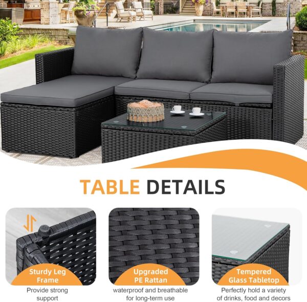 Shintenchi Outdoor Patio Furniture Sets, Small Outdoor Sofa Patio Sectional Sets 3-Piece All Weather Wicker Rattan Patio Seating Sofas with Glass Coffee Table and Cushion (Grey) - Image 3
