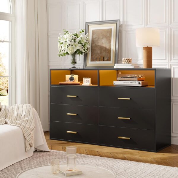EnHomee Wood Dresser for Bedroom with LED Lights, 47.3" W Black Dresser & Chests of Drawers, 6 Drawer Dresser TV Stand, Modern Dresser with Large Organizer for Bedroom, Living Room, Hallway, Black - Image 6