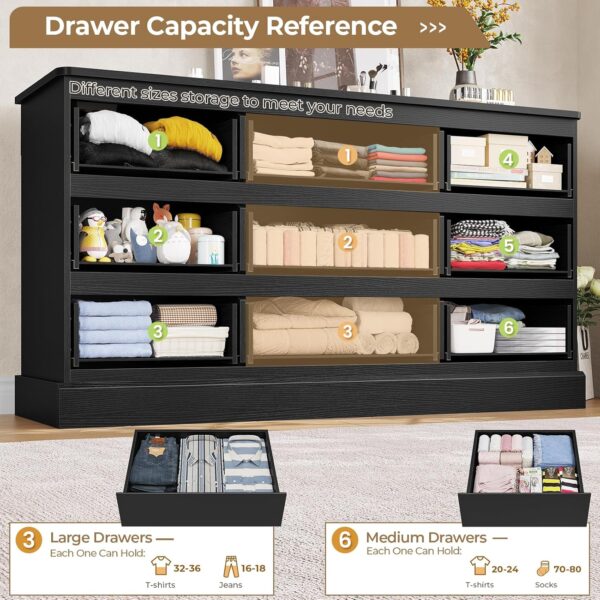 Hasuit Modern Black Bedroom Dresser with 9 Drawers, 61.4" Wide Dresser Chest of Drawers with Large Capacity Storage, Long Dresser TV Stand with Power Outlets, Sturdy Storage Cabinet for Living Room - Image 6