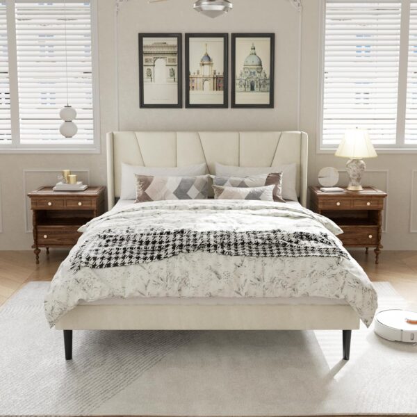 Queen Size Bed Frame with Headboard, Velvet Upholstered Platform Bed Frames, Contemporary Mattress Foundation, Noise Free, No Box Spring Needed, Easy Assembly, Beige - Image 3