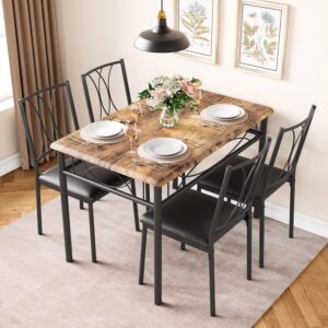 Dining Table Set, 5 Piece Dining Table Set for 4, Rectangle Kitchen Table Set with 4 Upholstered Chairs, Dining Table Set for Small Space, Apartment, Retro Brown