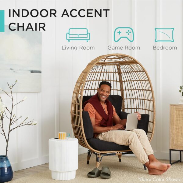Best Choice Products Wicker Egg Chair, Oversized Indoor Outdoor Lounger for Patio, Backyard, Living Room w/ 4 Cushions, Steel Frame, 440lb Capacity - Ivory - Image 5