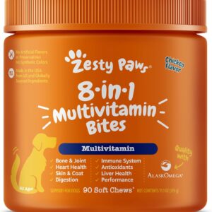 Zesty Paws Multivitamin Treats for Dogs - Glucosamine Chondroitin for Joint Support + Digestive Enzymes & Probiotics - Grain Free Dog Vitamin for Skin & Coat + Immune Health - Chicken Flavor - 90ct
